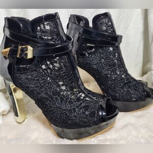 Women’s Black Lace Patent Platform Peep Toe Ankle Booties Heels EU 40 US 9